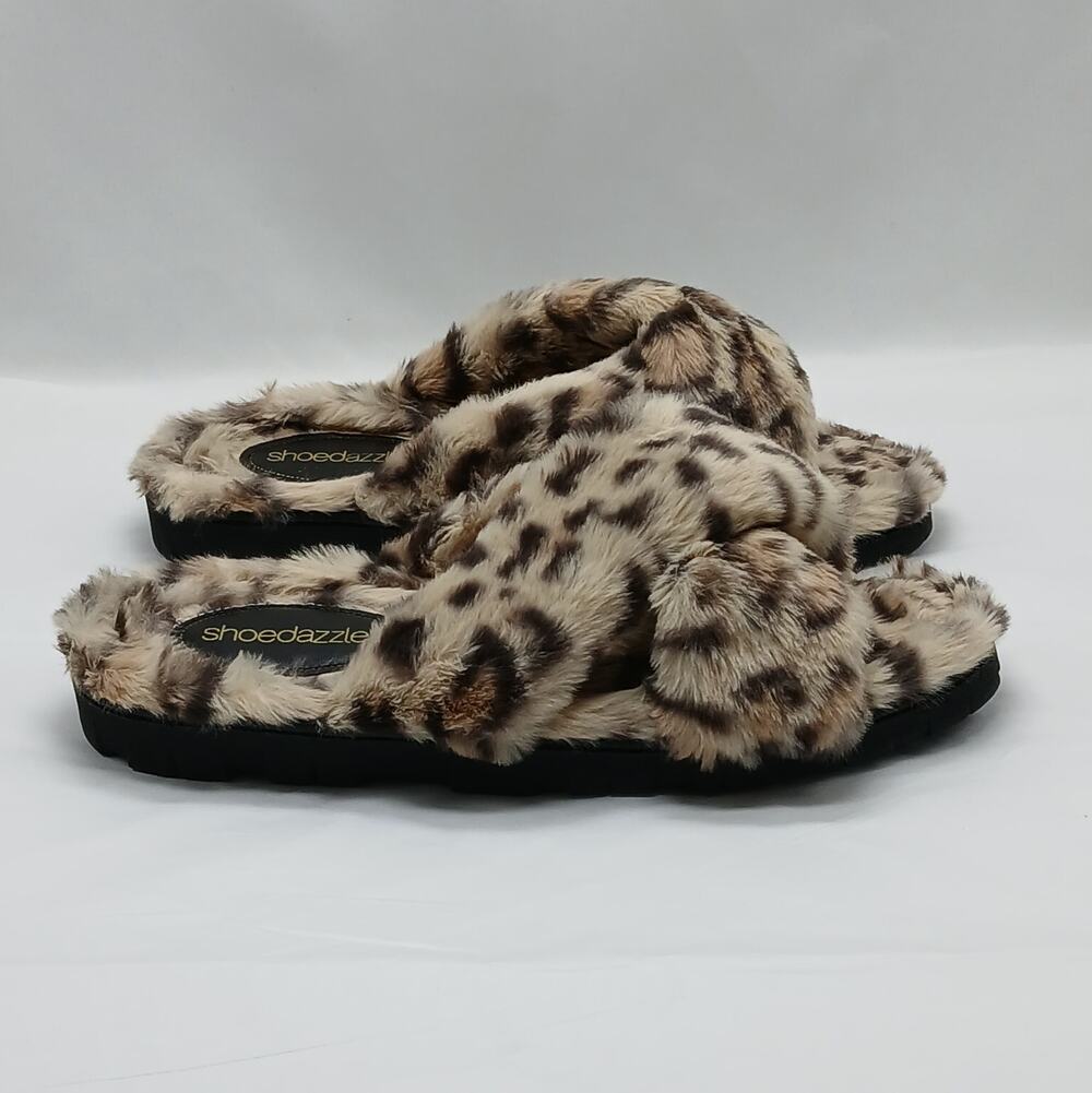 Shoedazzle Mindey Faux Fur Slippers Sandals Women's 9 Tan Animal Print Slip On